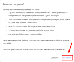 Confirmação de remoção do Perfil da empresa no Google Confirmação de remoção do Perfil da empresa no Google