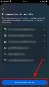 Adicionando contato na Central de Contas do Instagram