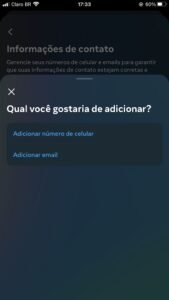 Adicionando e-mail na Central de Contas do Instagram