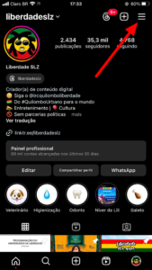 Configurações do Instagram com acesso à Central de Contas