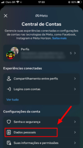 Dados pessoais dentro da Central de Contas do Instagram