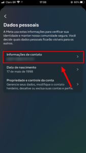 Informações de contato na Central de contas do Instagram